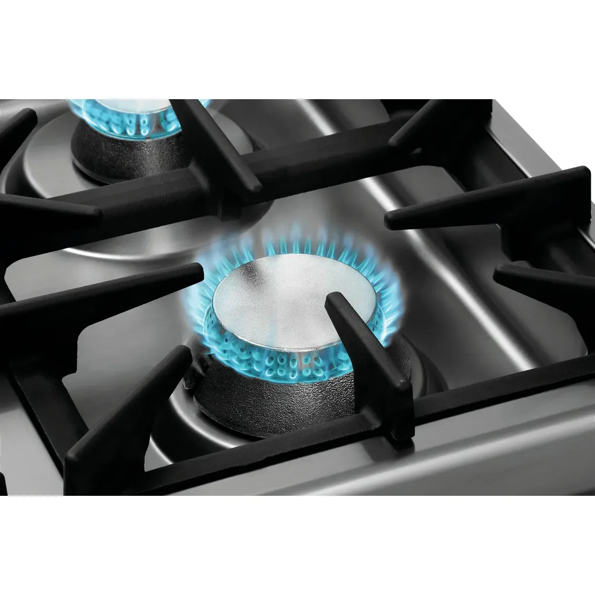 Bartscher 2851371 Gasherd 70060 GB1050 Nahansicht Herdplatte, Gasbrenner, Gasherd, offene Flamme, blauer Flammen, Edelstahl
