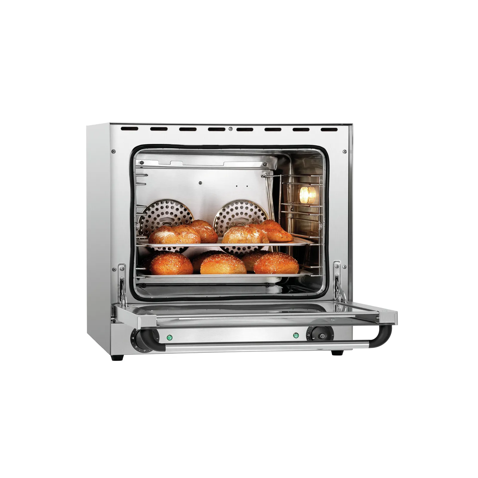Bartscher 120879 Heißluftofen AT90-ST Ansicht Komplett, mit Brötchen, geöffnet, Backofen, Kuchen, Brötchen, Backofensystem, Ofen
