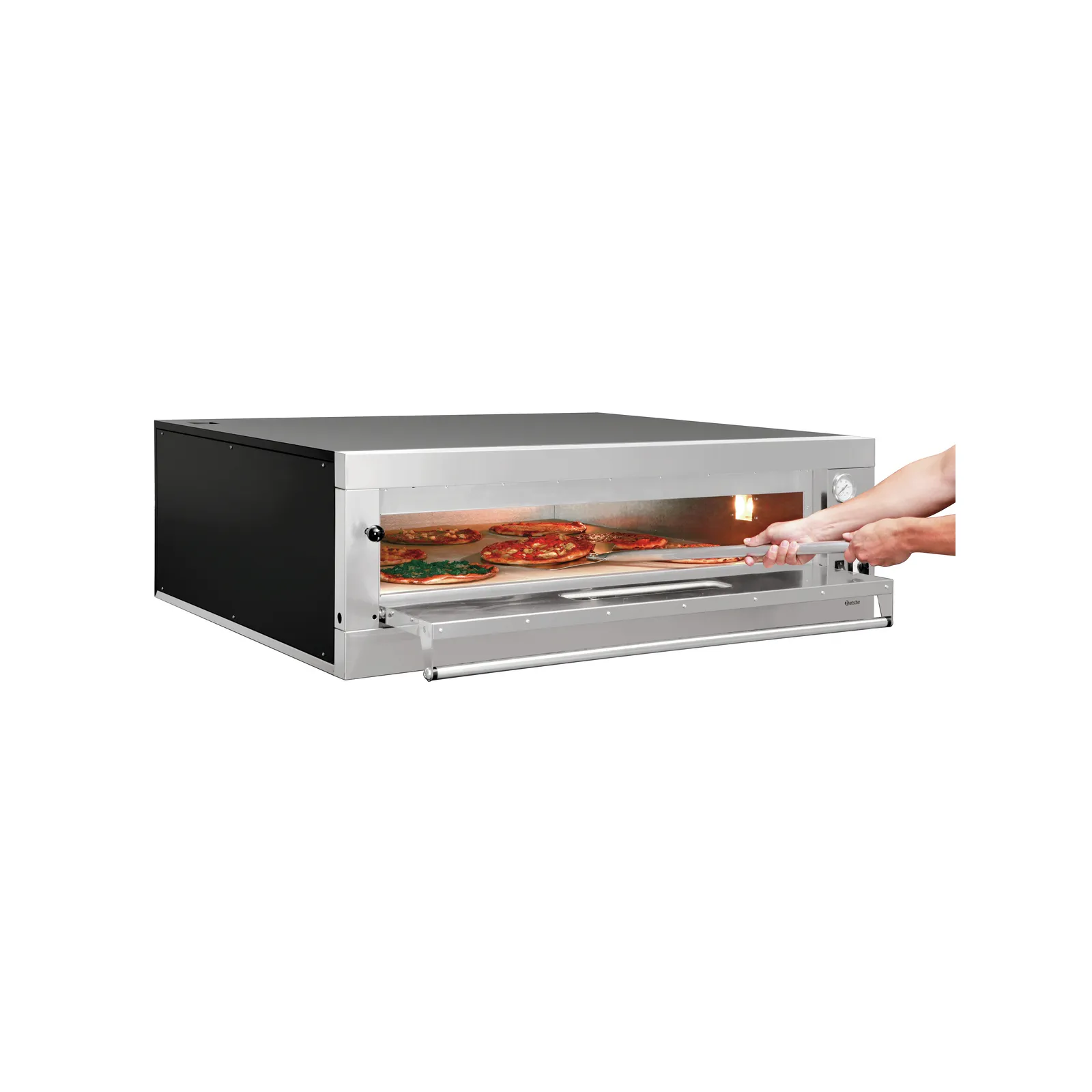 Bartscher 2002150 Pizzaofen ET 105, 1BK 1050x1050 Ansicht Komplett, offen, mit Pizza, beim rausholen, Backofen, Pizzaofen, Stufenloser Ofen, Ofen mit Glastür, Pizzaofen mit Drehgriff