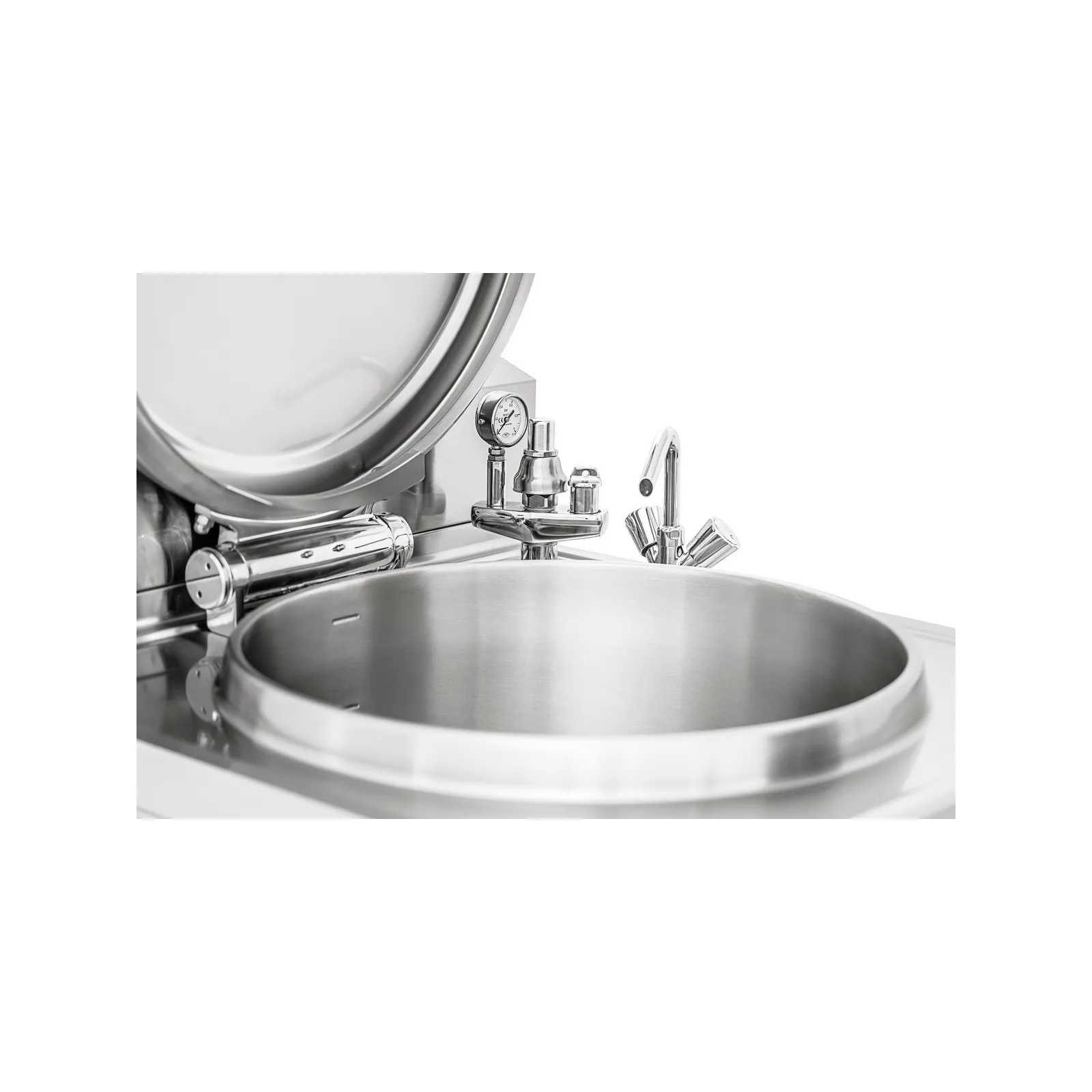 Bartscher 280016 Kochkessel E145L Nahansicht Wasserhahn, offener Deckel, Druckkessel, Sichtfenster, Metall, Edelstahl, Industrie-Kühlschrank