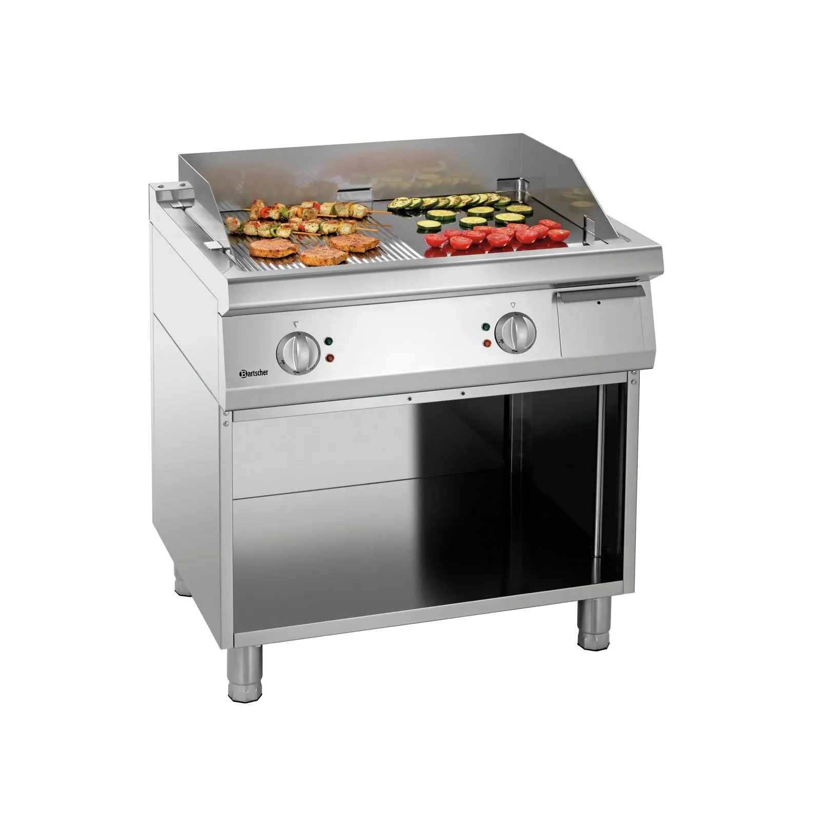 Bartscher 285076 Spritzschutz 780 Ansicht an Griddleplatte, mit Essen