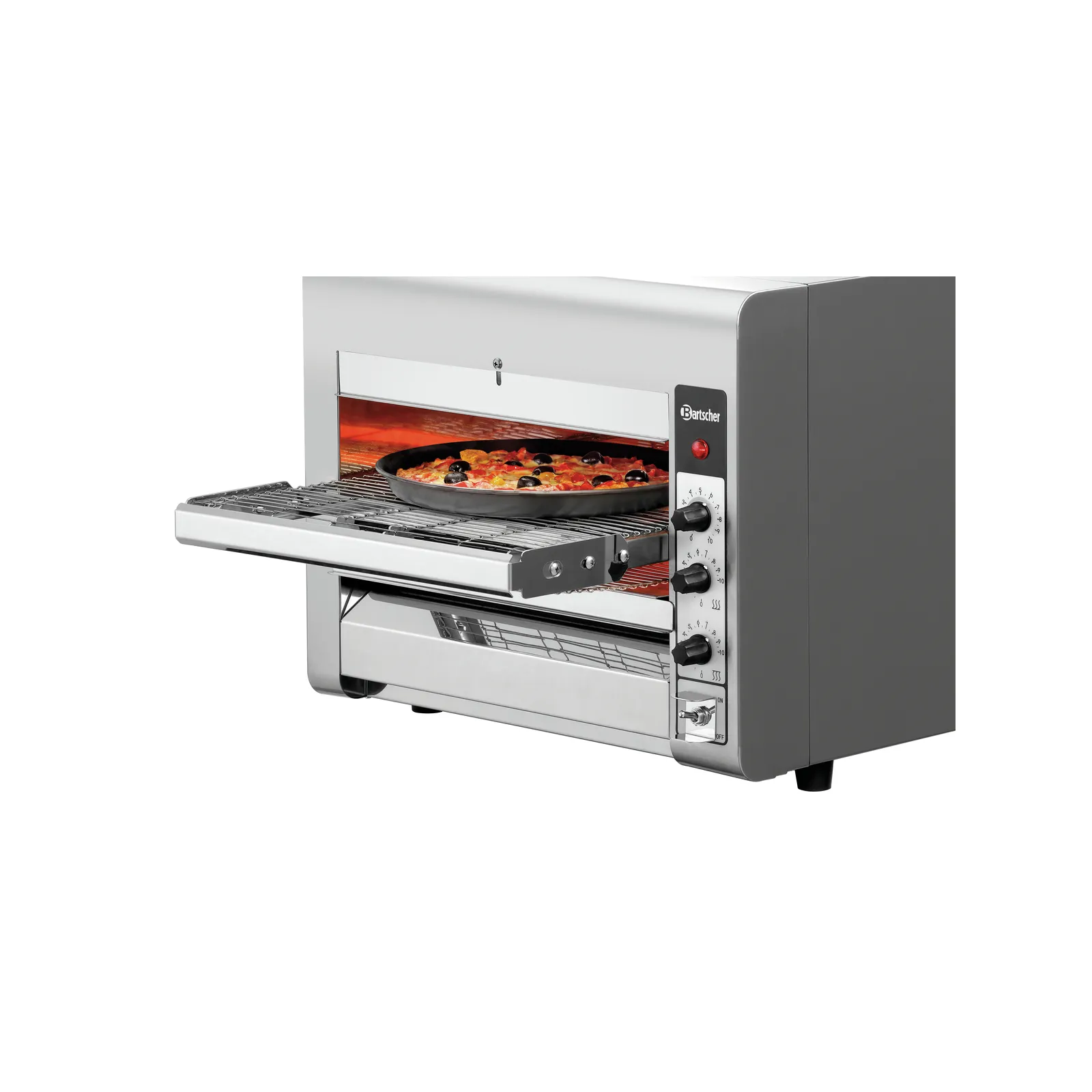 Bartscher 2002203 Durchlaufpizzaofen 3600TB10 Ansicht Komplett, mit Pizza, Backofen, Pizzaofen, Elektrischer Backofen, Edelstahl, Temperaturregler