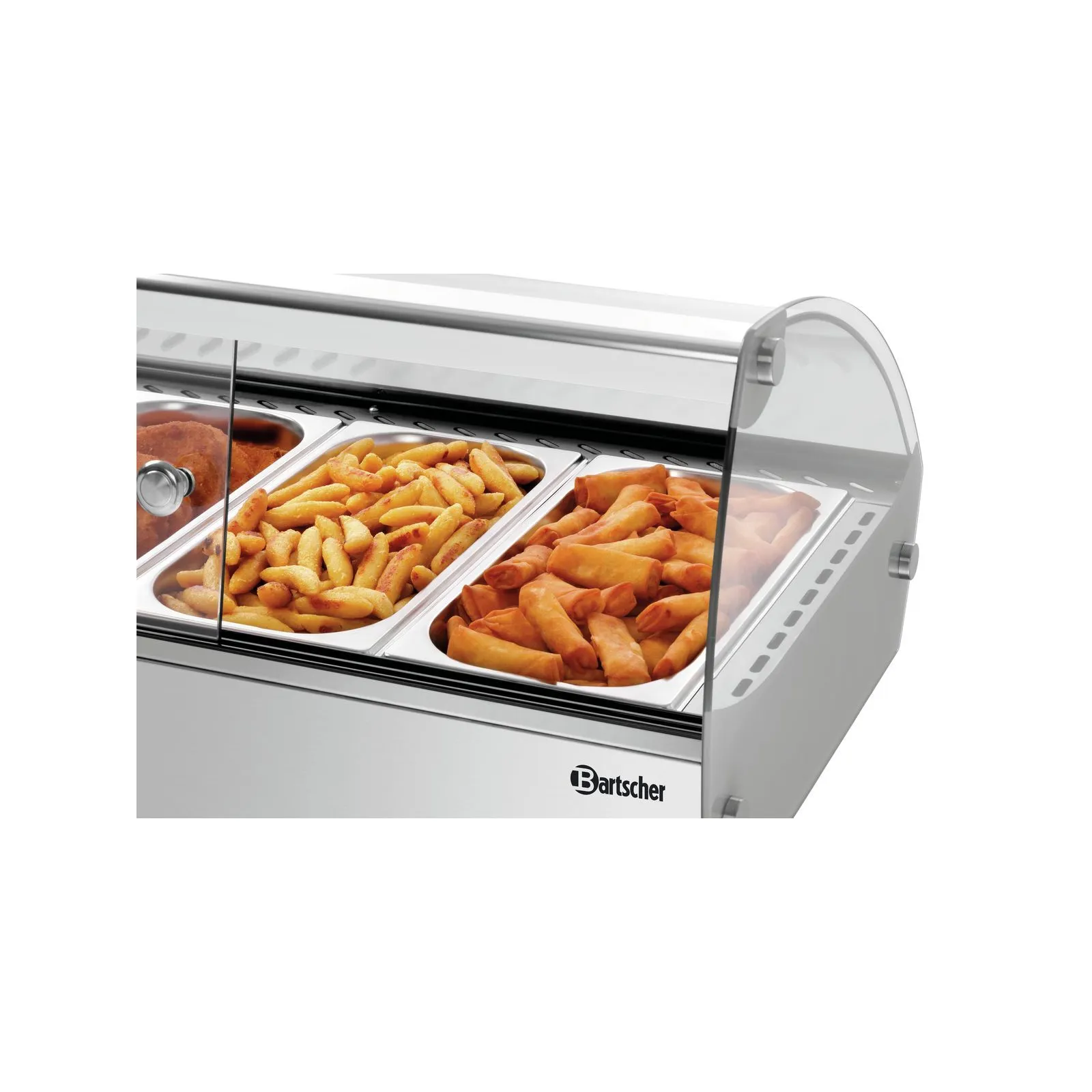 Bartscher 305058 Heiße Aufsatzvitrine R4 4 x 1/3 GN Nahansicht von hinten, mit Essen