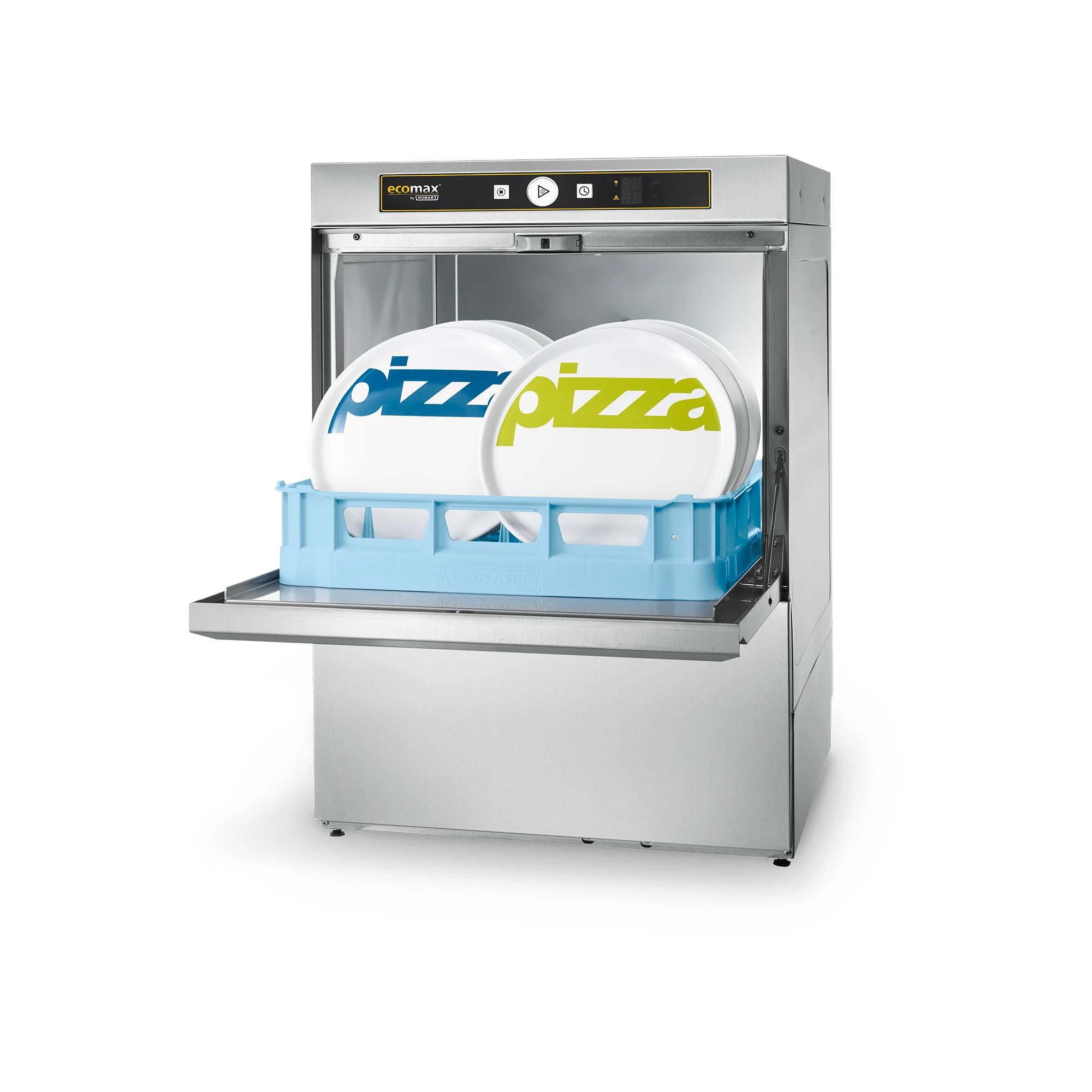 Ecomax F504 Geschirrspuelmaschine mit Pizzatellern im Korb