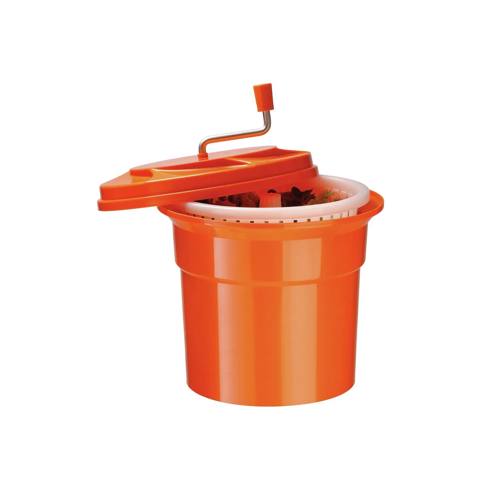 Bartscher 120709 Salatschleuder K1-25L Ansicht Komplett, offener Deckel, Eimer, Müllbehälter, Abfallsammler, orange, Deckelhebel