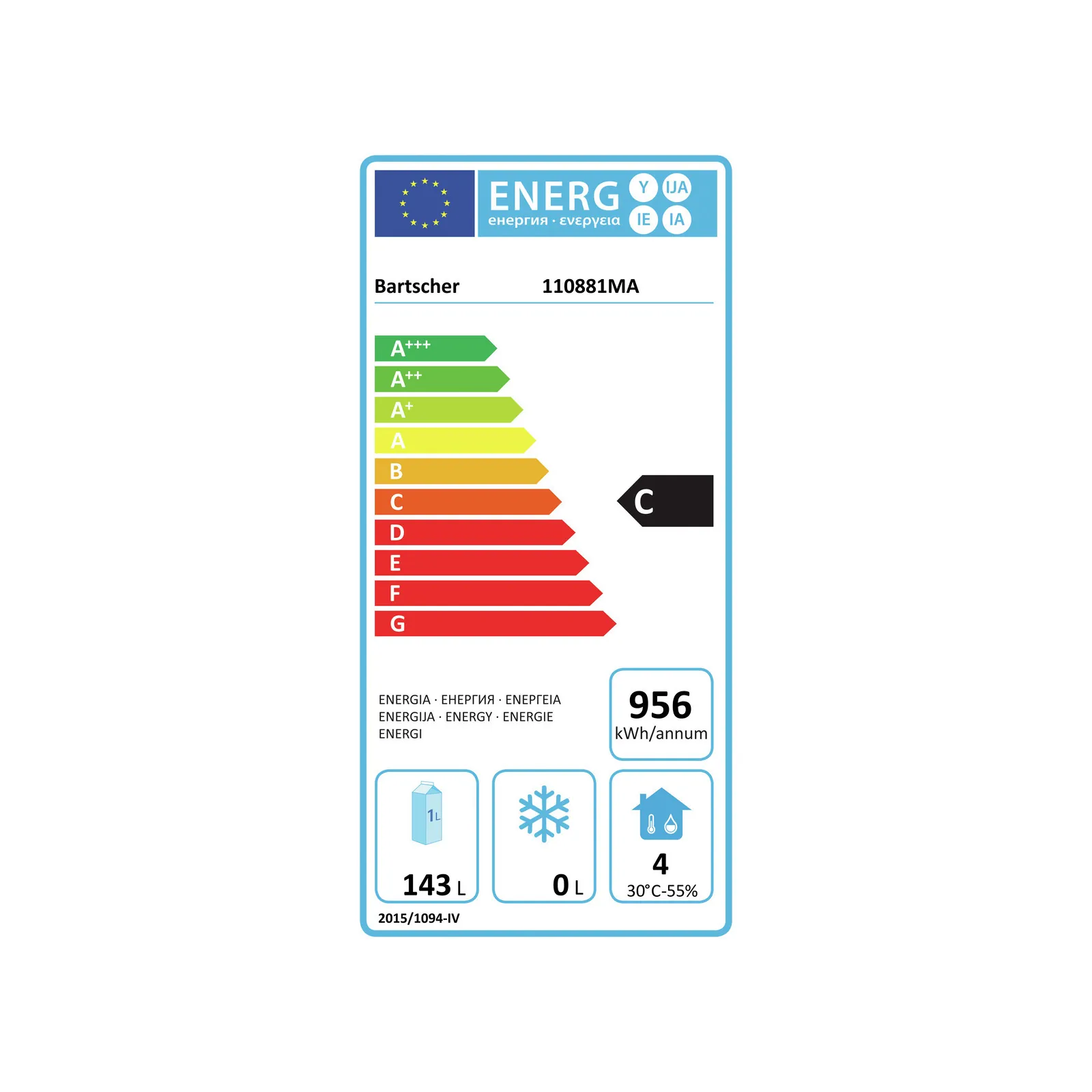 Bartscher 110881MA Kühltisch T2 MA Energielabel