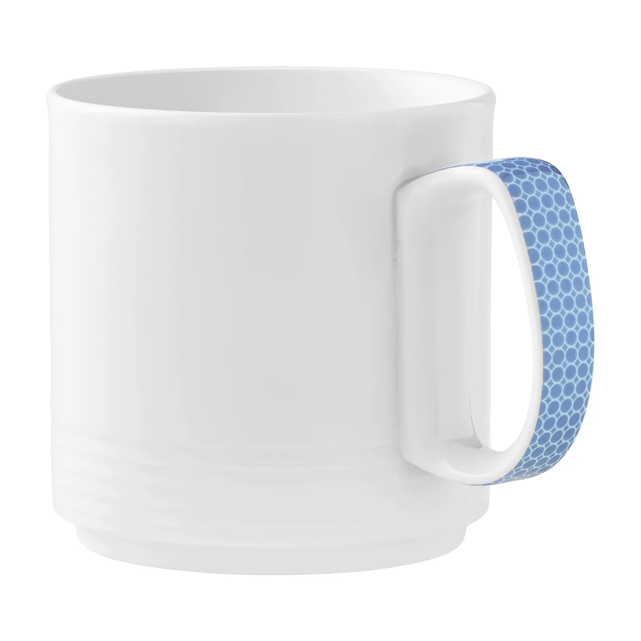 weißer Becher, Keramikbecher, Kaffee-Becher, blauer Henkel mit Muster, einfacher weißer Becher