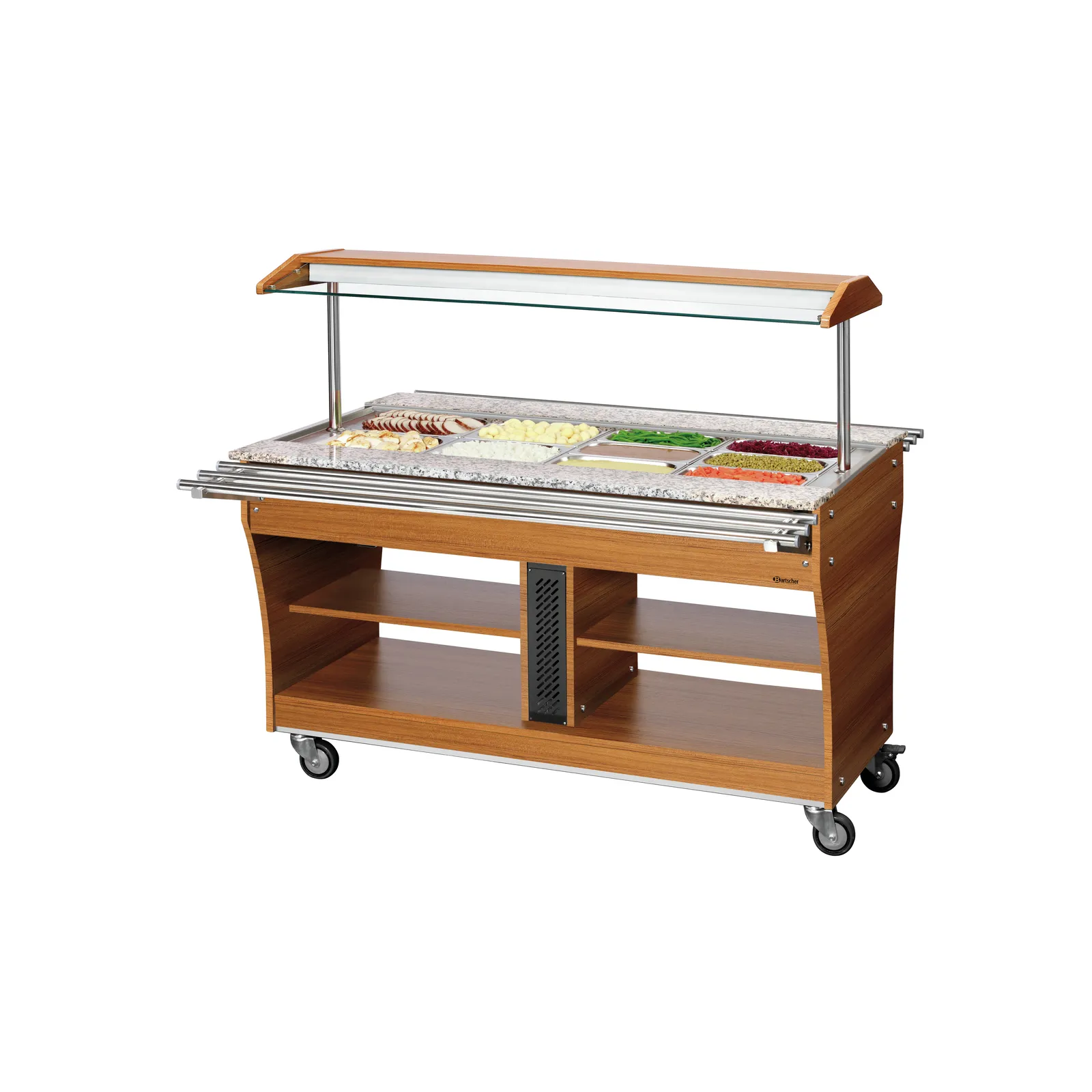 Bartscher 125628 Buffetwagen warm 4x 1/1GN Ansicht Komplett, mit Essen, mit Tablettrutsche ausgeklappt, Buffetwagen, Salatbar, Griffleisten, Holzoptik, Rollwagen