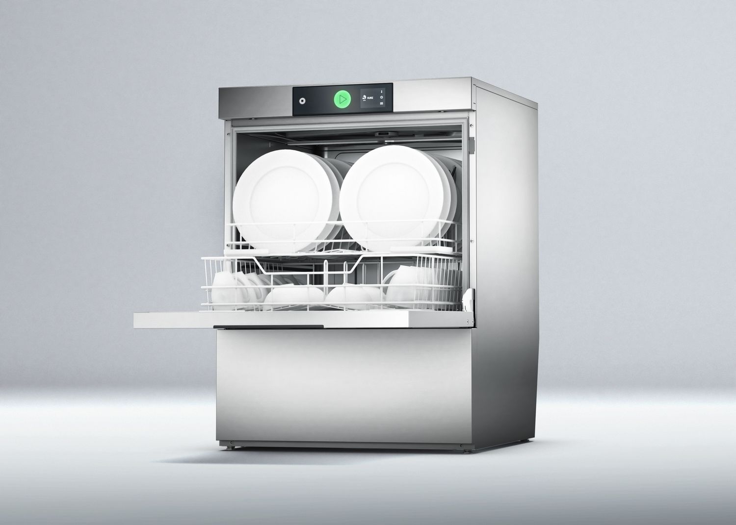 Hobart Care Geschirrspuelmaschine offen mit gefuelltem Spuelkorb