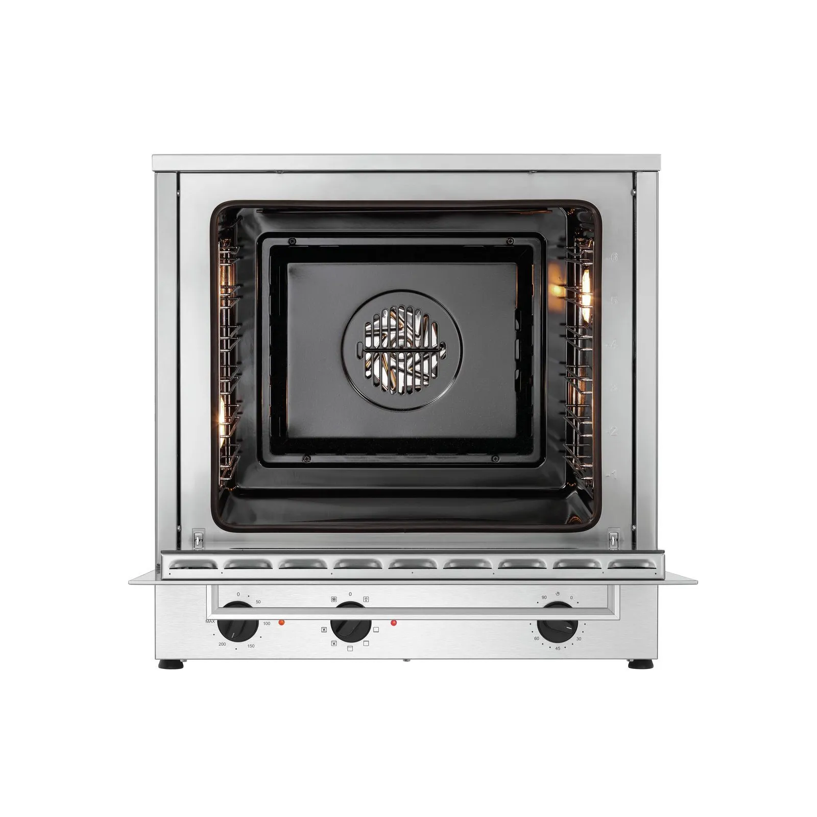 Bartscher 121782 Heißluftofen MF6430 Ansicht Komplett von vorne, geöffnet, Backofen, Gas/Elektro Ofen, Edelstahl, Gitterrost, Grillabdeckung