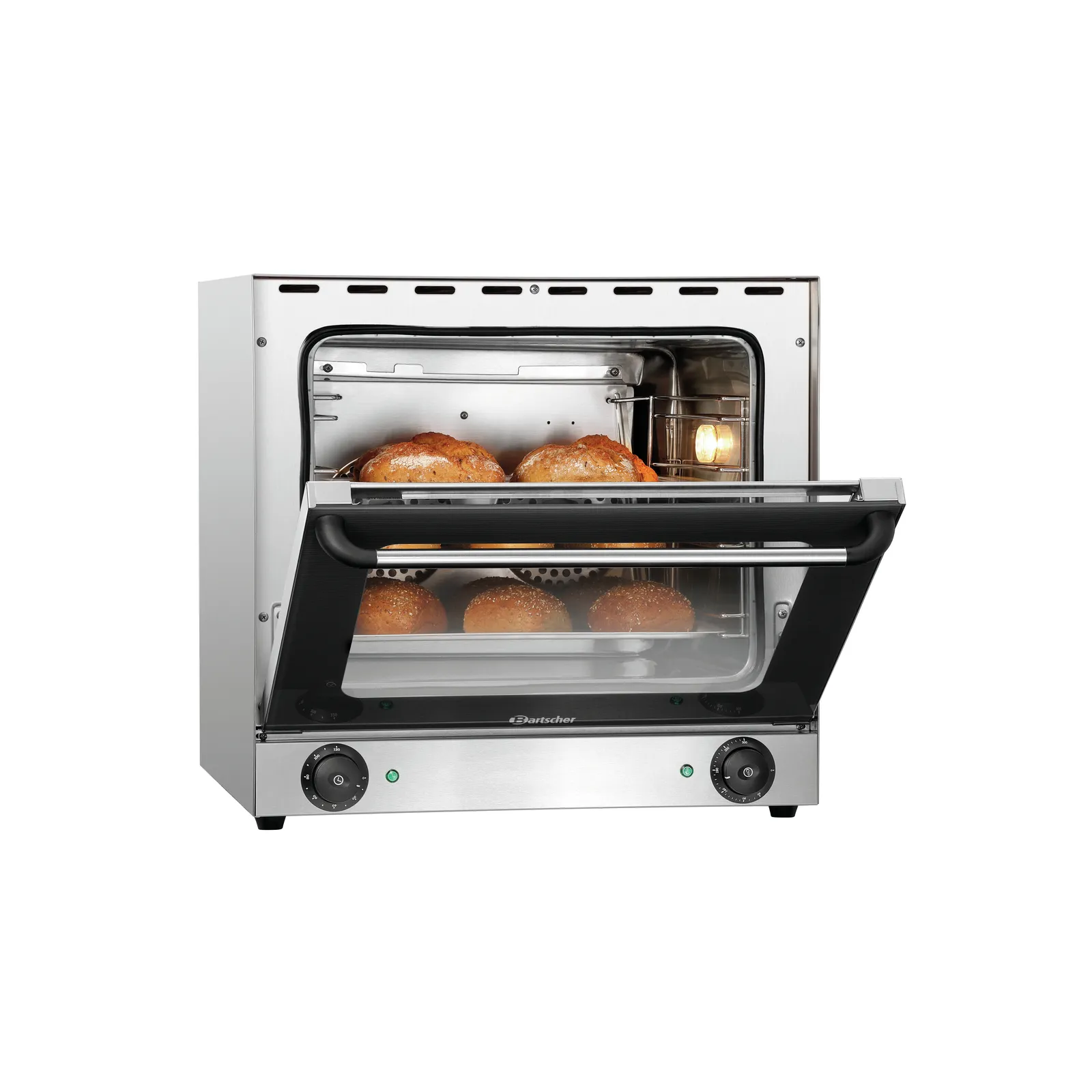Bartscher 120879 Heißluftofen AT90-ST Ansicht Komplett, mit Brötchen, halb geöffnet, Backofen, Toaster-Ofen, Brötchen, Edelstahl, Gas- oder Elektroofen