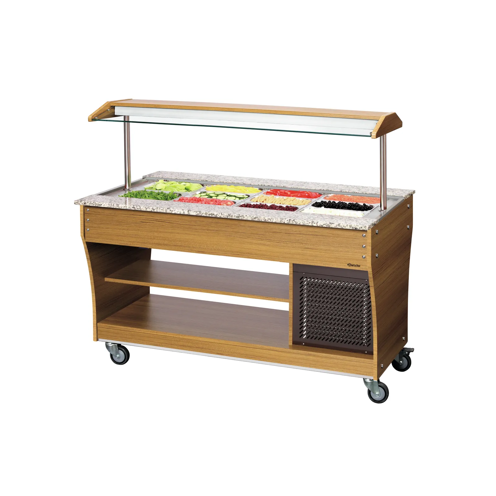 Bartscher 125526 Buffetwagen kalt 4x 1/1 GN Ansicht Komplett, mit Essen, Saladbar, Buffetstation, Holzoptik, Glasvitrine, Rollwagen