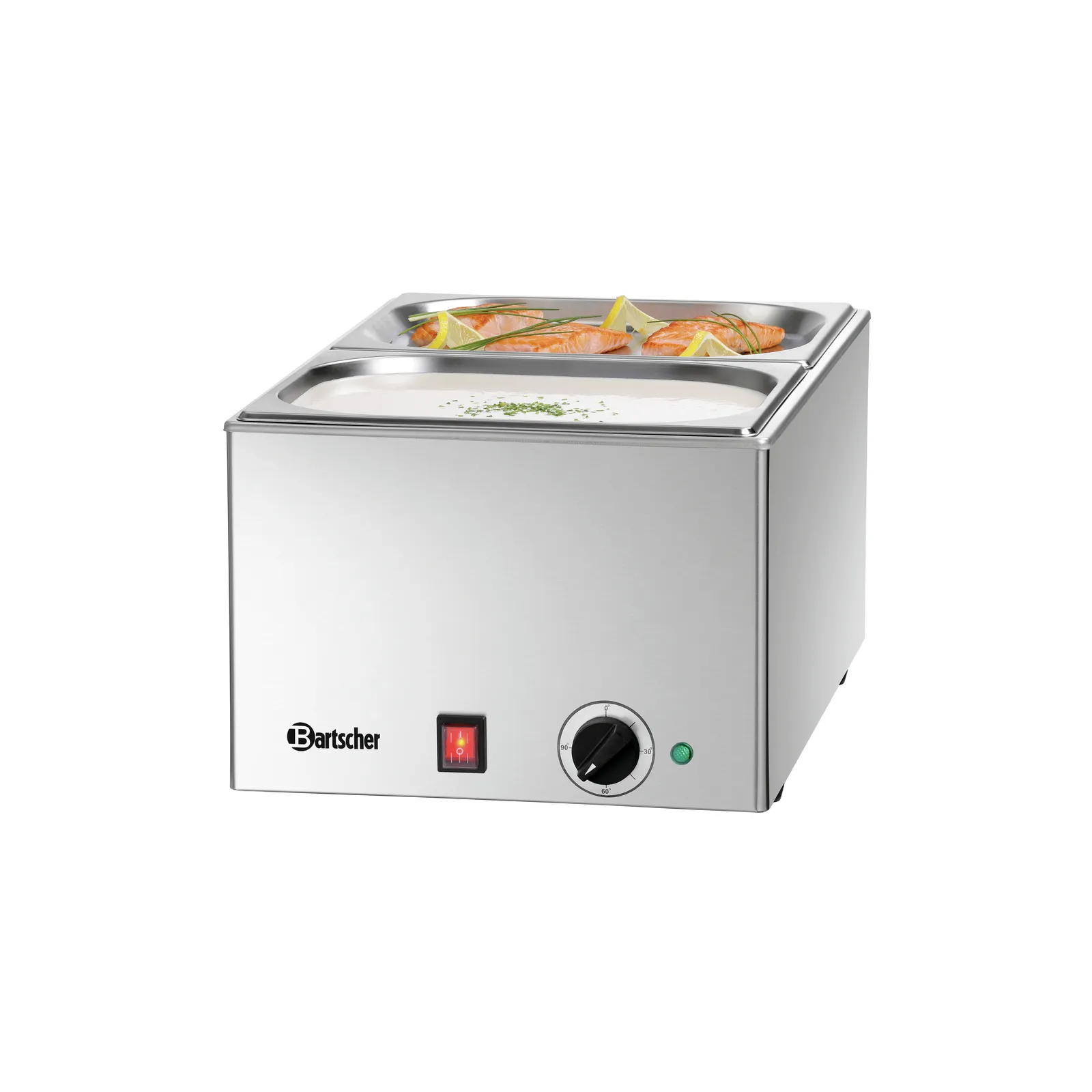 Bartscher 200232 Bain Marie 212-150 Ansicht Komplett, mit Essen, Chafing Dish, Tischwärmer, Gastronomie-Wärmer, Edelstahl, Temperaturregler