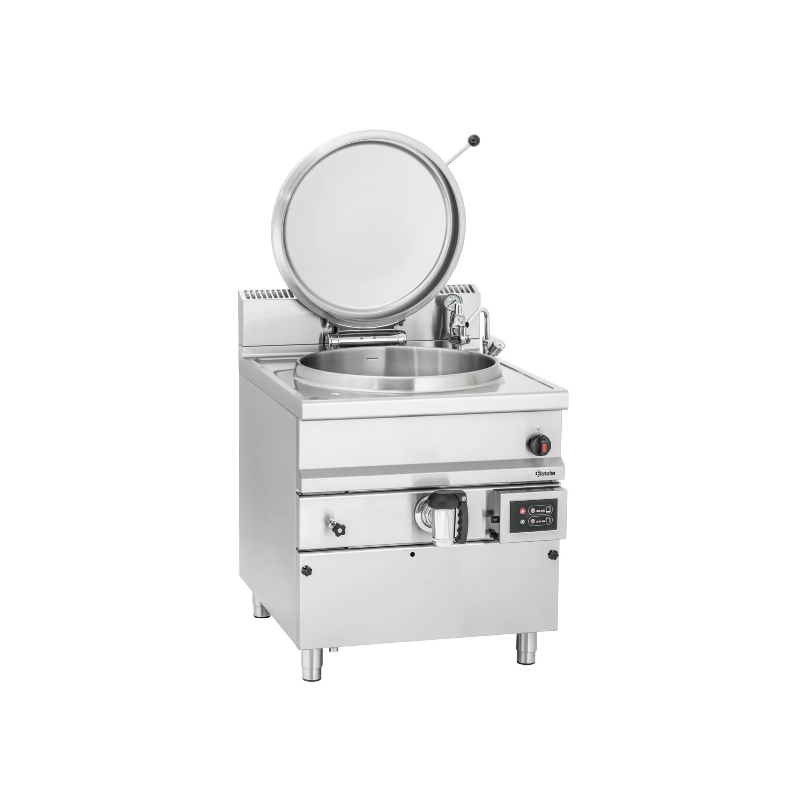 Bartscher 2800071 Kochkessel G342L Ansicht Komplett, offener Deckel, industriekessel, industrieller kocher, dampfgarer, stahlkonstruktion, garer mit deckel