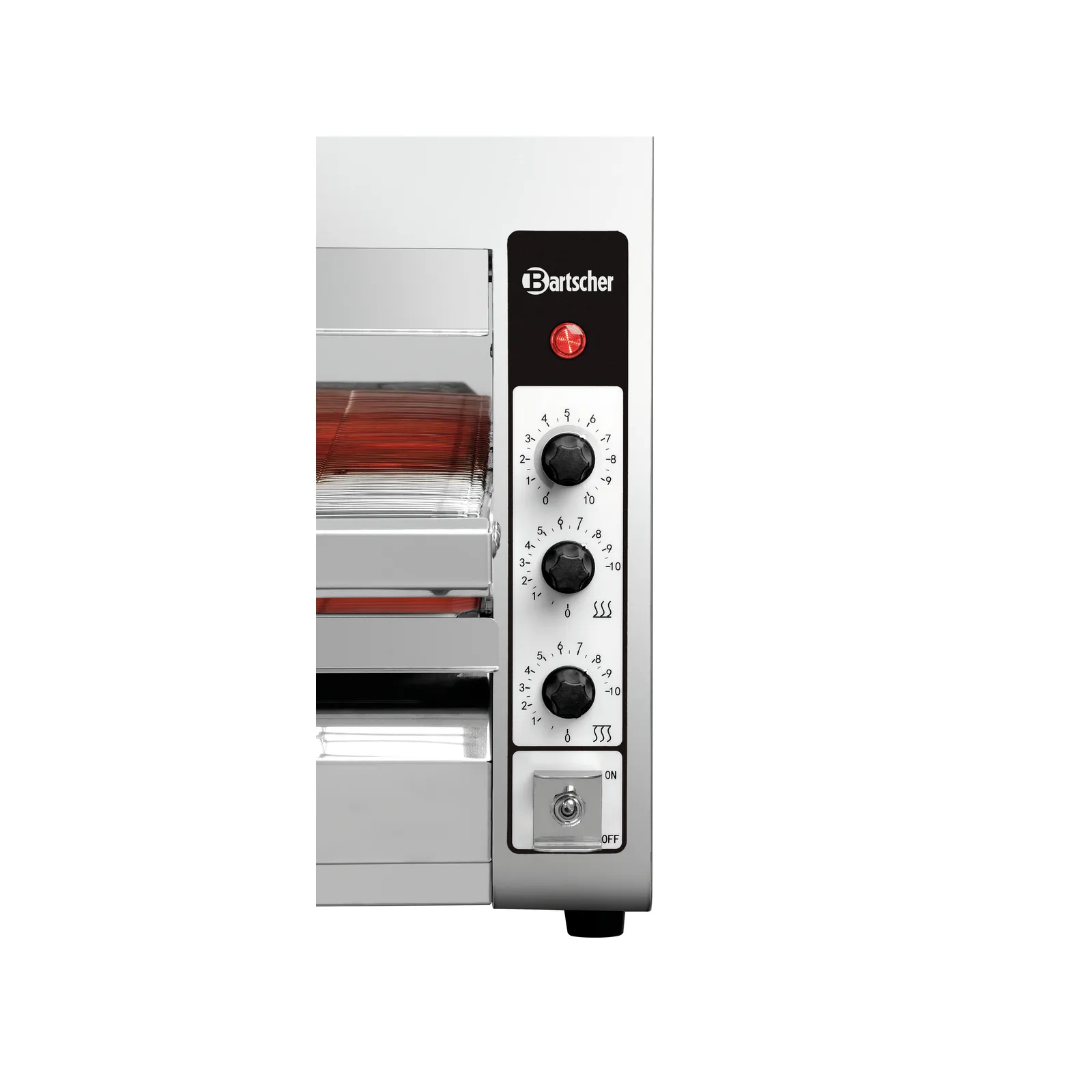 Bartscher 2002203 Durchlaufpizzaofen 3600TB10 Nahansicht Bedienelemente, Toasterofen, Edelstahl, Drehknöpfe, Drehregler, Rotes Kontrolllicht