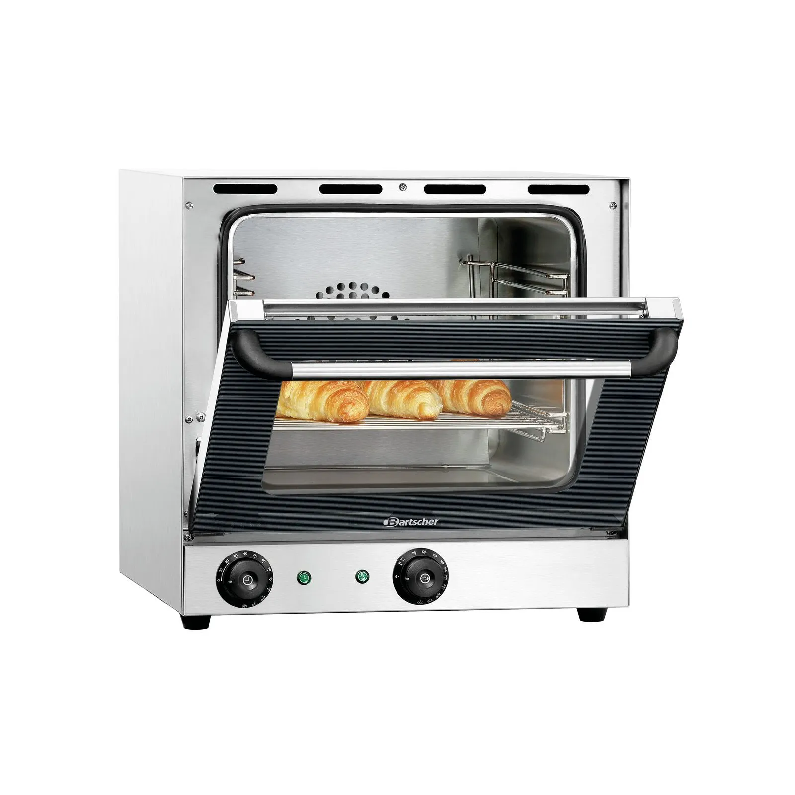 Bartscher 120789 Heißluftofen AT110 Ansicht Komplett, mit Croissants, halboffen, Toasterofen, Edelstahl, Backblech-Rack, Drehknopf-Bedienung, Glasfront