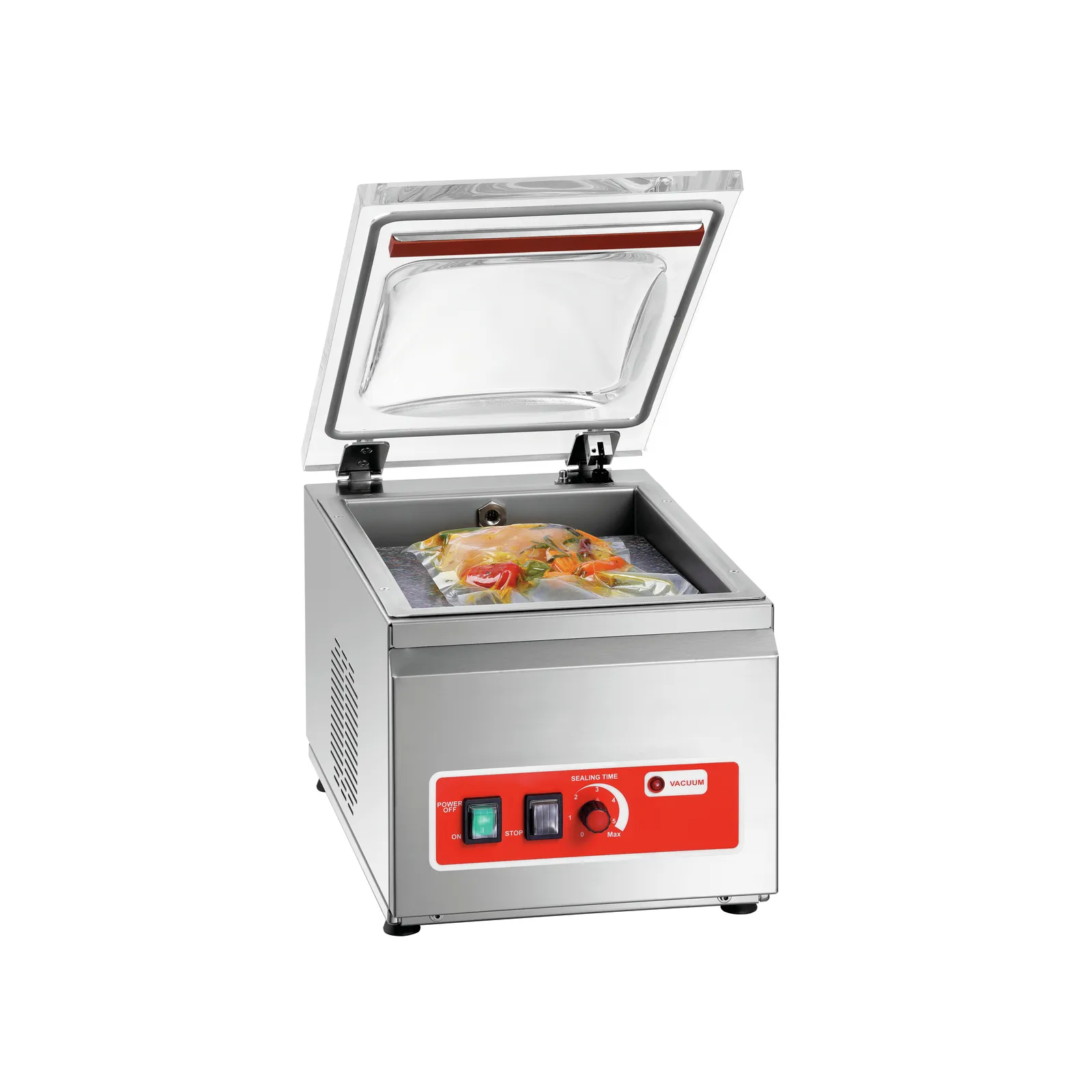 Bartscher 300301 Vakuumiergerät K 250/150L Ansicht Komplett, geöffnet, mit Essen