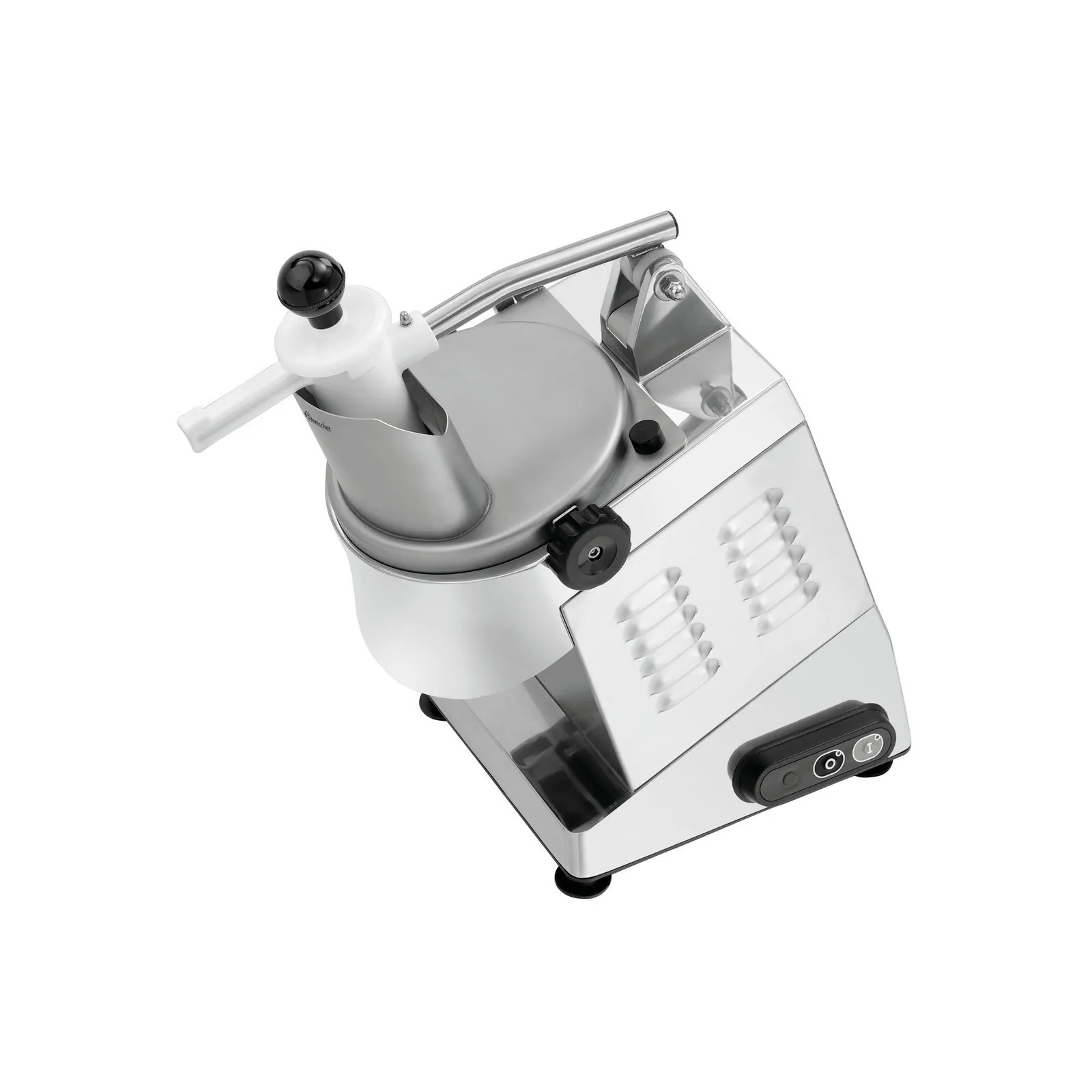 Bartscher 120327 Gemüseschneider GMS601 Ansicht Komplett, seitlich, mit Stopfer unten, Schneidemaschine, Küchengerät, Metall, Schneidemesser, Spiralschneider