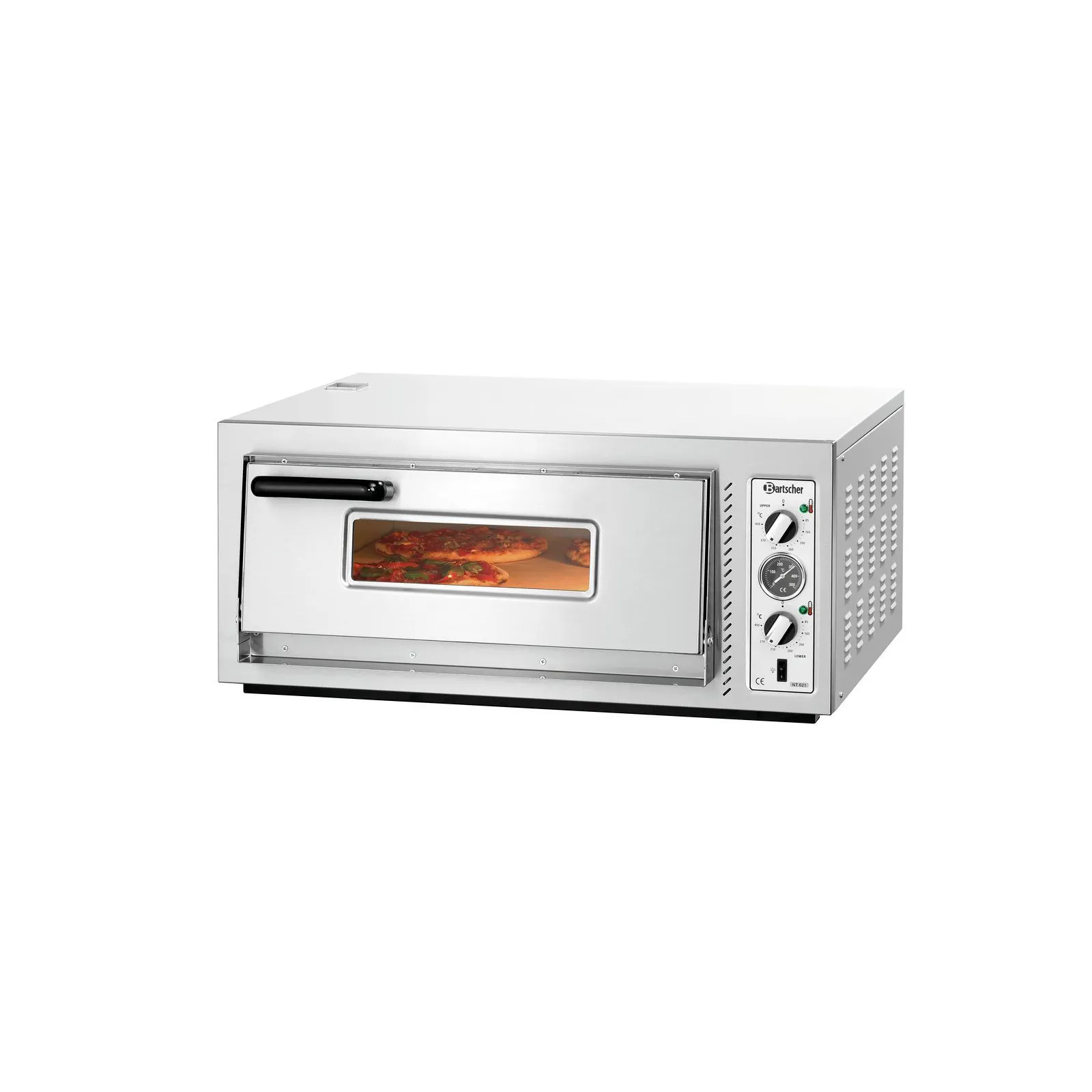 Bartscher 2002088 Pizzaofen NT 621 Ansicht Komplett, geschlossen, mit Pizza, Backofen, Mini-Backofen, Stahl, Gittertür, Drehknöpfe