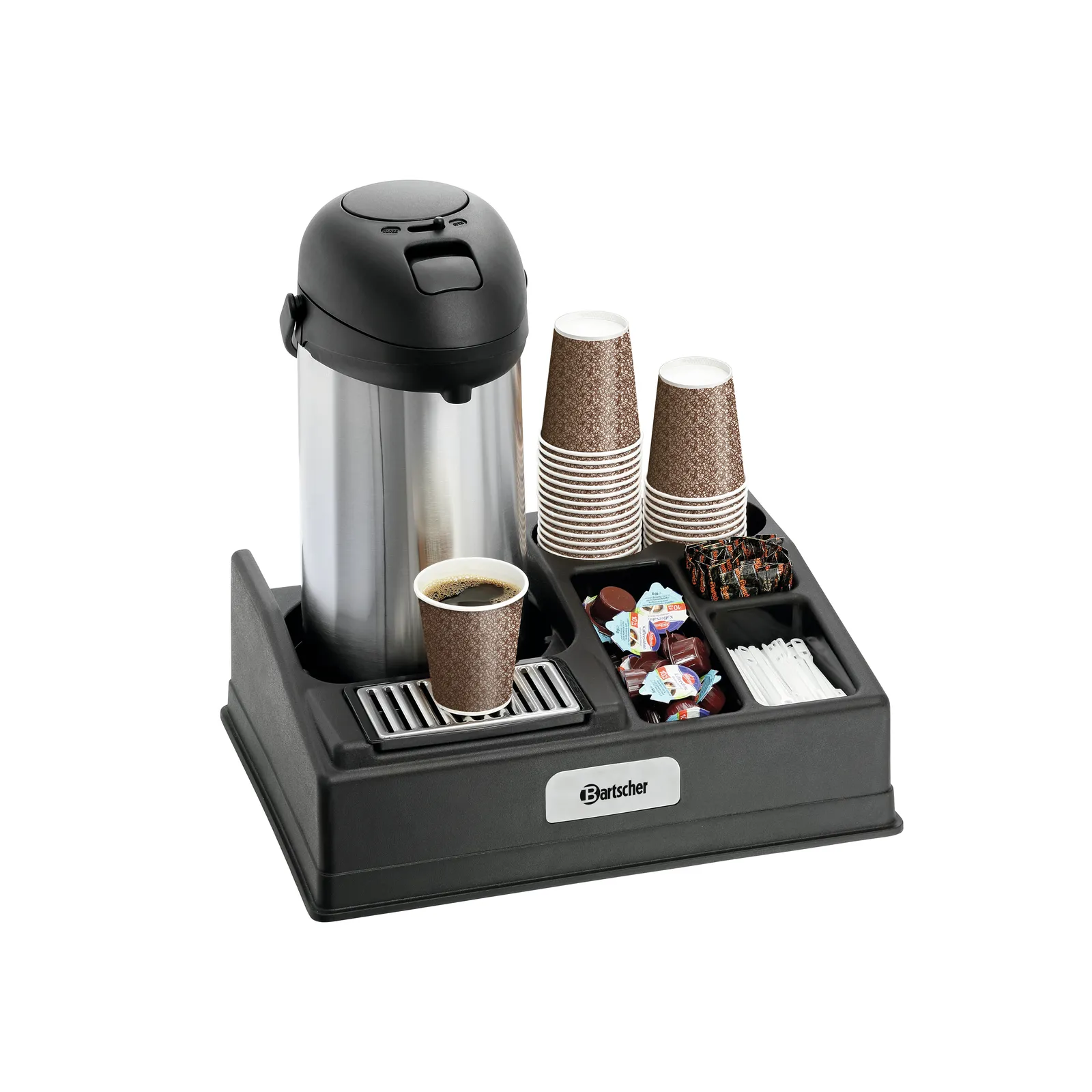 Bartscher 190153 Kaffeestation 1190 Ansicht Komplett, mit Zubehör, Kaffeekapselspender, Kaffeemaschine, Thermosflasche, Kaffeeaufsatz, Kapselbereich