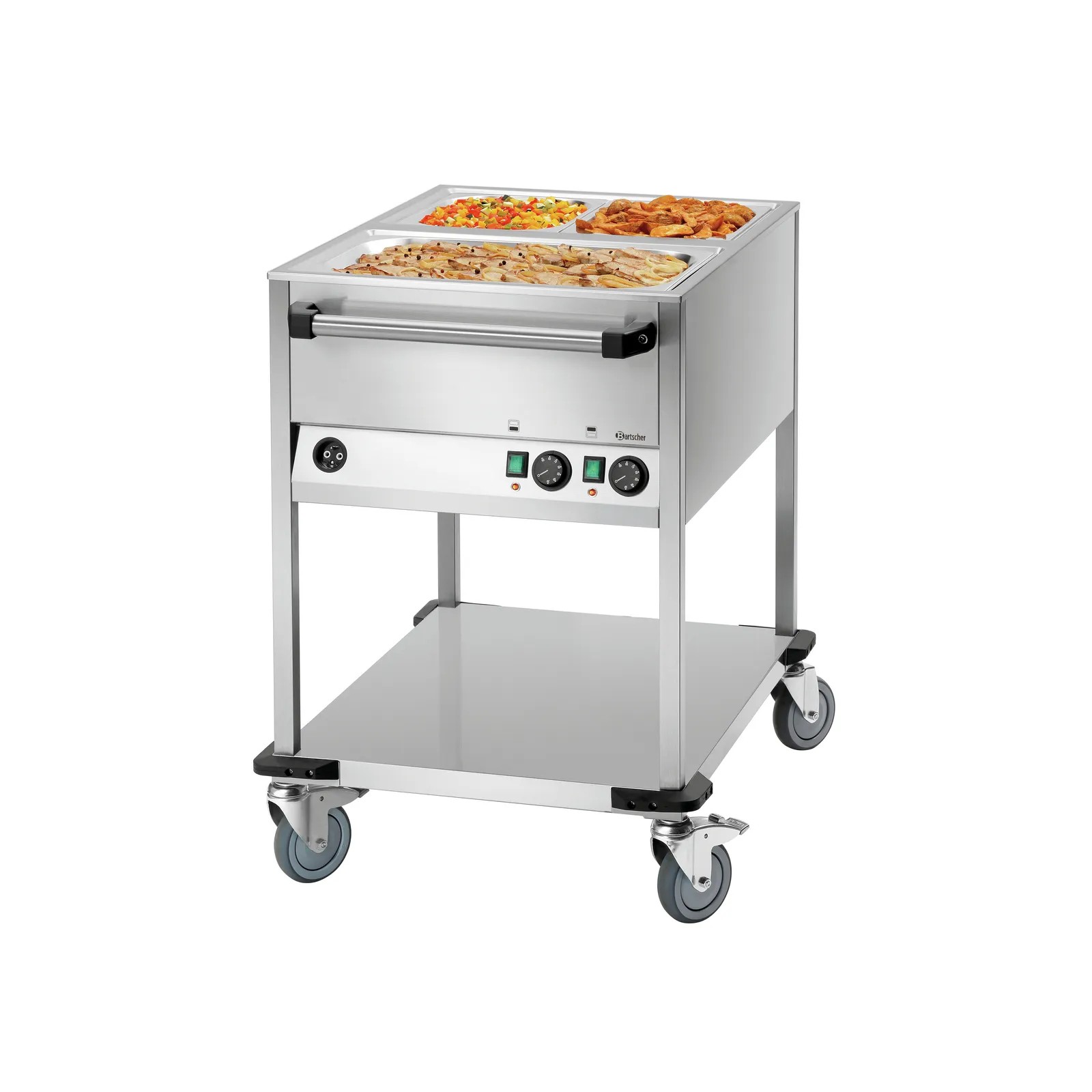 Bartscher 200261 Speisenausgabewagen WB2110 Ansicht Komplett, mit Essen, Chaferwagen, Chauffeplatte, Chafing Dish Wagon, Edelstahl, Rollwagen
