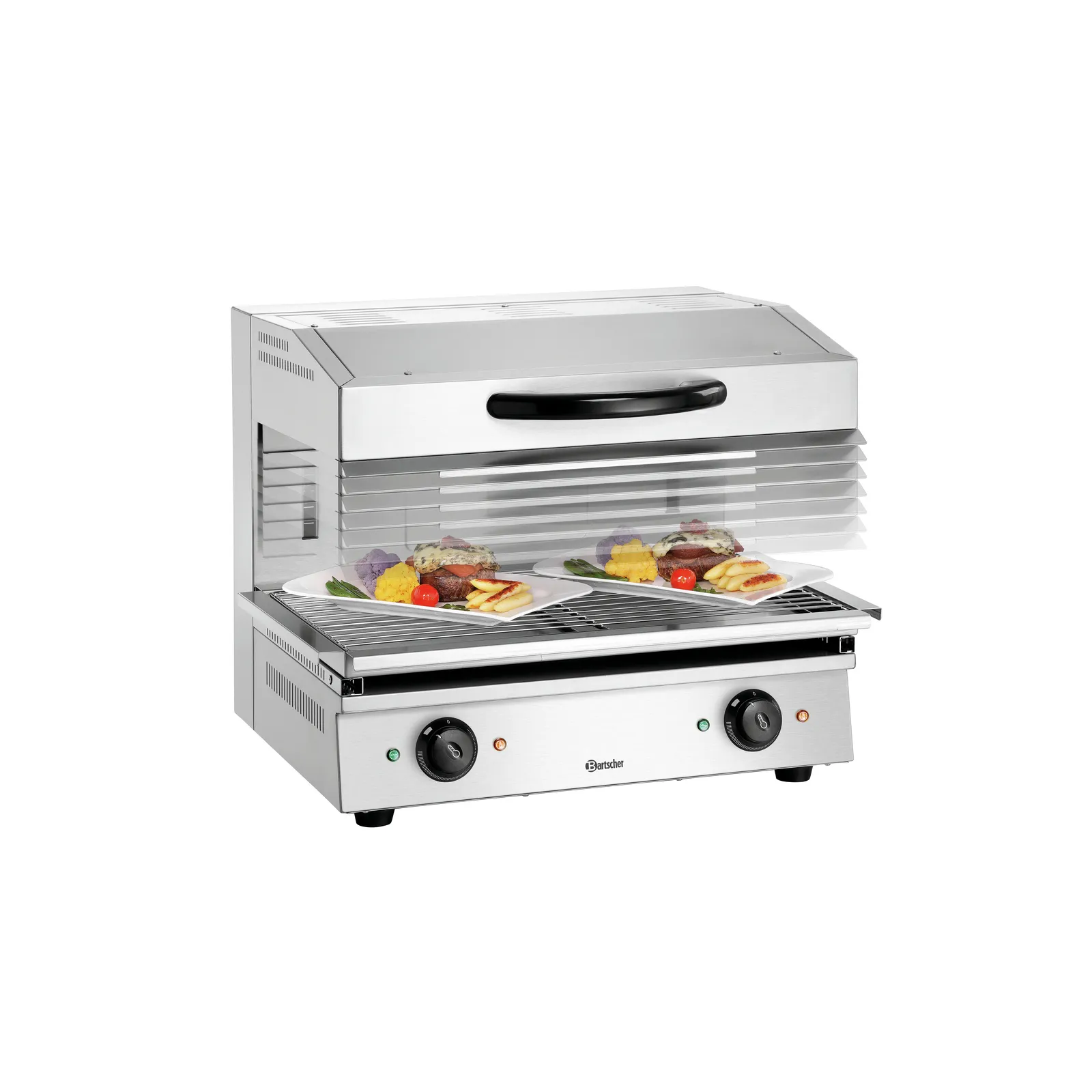 Bartscher 151512 Lift-Salamander 600-2Z Ansicht Komplett, mit Essen, Höhenverstellung, Grillofen, Grillbackofen, Stahl, Gasdoppelplatte, Backofen mit Grillschale