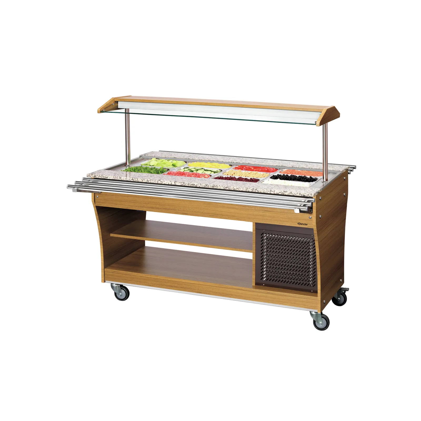 Bartscher 125526 Buffetwagen kalt 4x 1/1 GN Ansicht Komplett, mit Essen, mit Tablettrutsche ausgeklappt, Salatbar, Buffetwagen, Glas-Schutzhaube, Holzschrank, Rollwagen