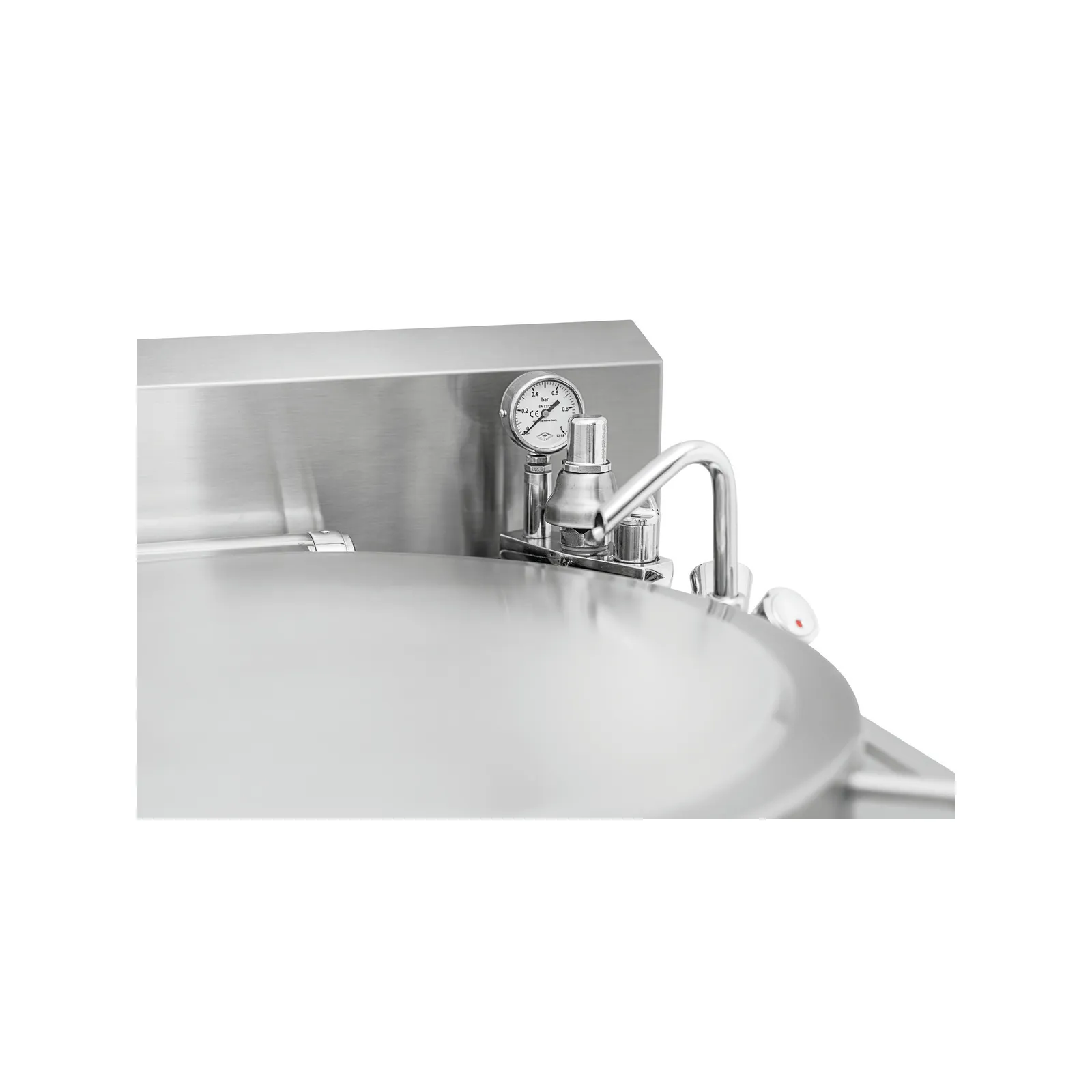 Bartscher 280016 Kochkessel E145L Nahansicht Wasserhahn, geschlossener Deckel, dampfkochtopf, küchenarmatur, edelstahl, druckmesser, spülbecken