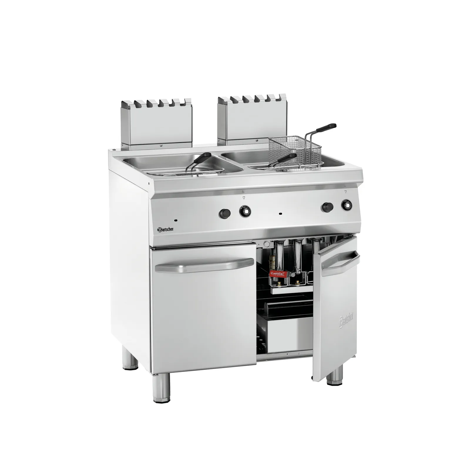 Bartscher 2859271 Fritteuse Gas 700 B800 2x15L Ansicht Komplett, geöffnet, Gasgrill, 3-Brenner, Schubladen, Standsystem, Industrielle Küche