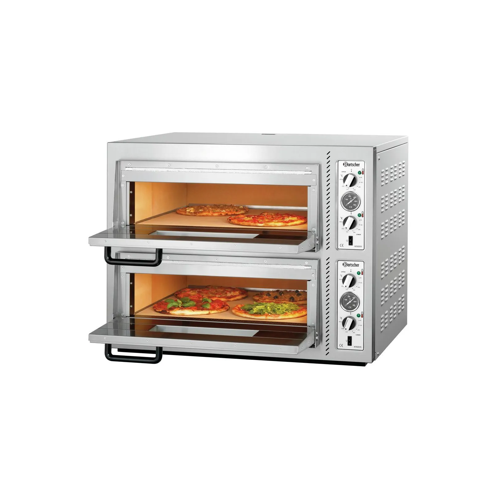 Bartscher 2002094 Pizzaofen NT 622VS Ansicht Komplett, geöffnet, mit Pizza, Pizza-Backofen, Edelstahl, Doppelkammer, Bedienknöpfe, Backblech-Tür