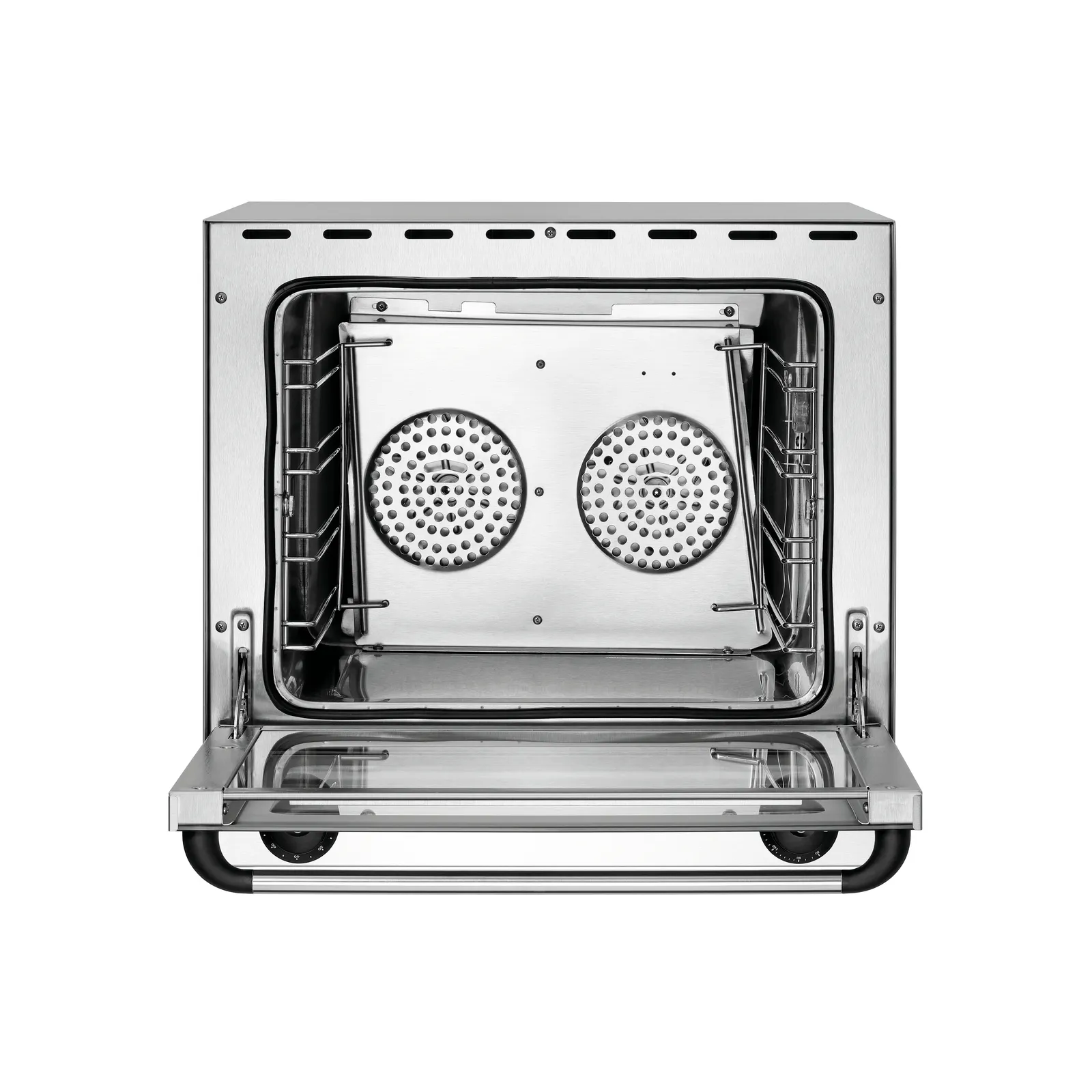 Bartscher 120879 Heißluftofen AT90-ST Ansicht Komplett von vorne, geöffnet, Backofen, Stainless Stahl, Mit Heizgebläse, Kühlblech, Schublade