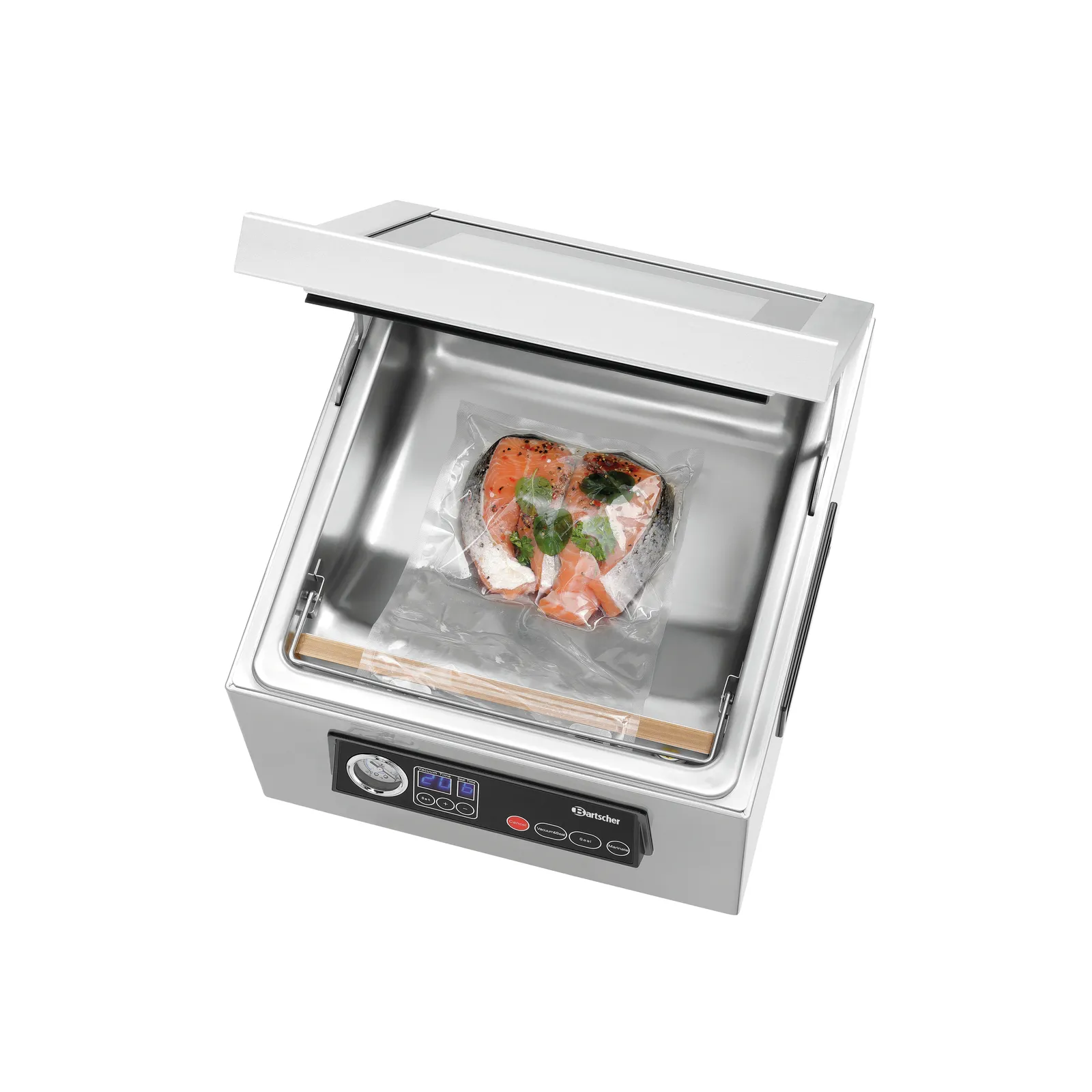 Bartscher 300747 Vakuumiergerät K 300/60L Ansicht von oben, offen, mit Essen, Vakuumiergerät, Vakuumverschluss, Salmon, Kochgerät, Standschale