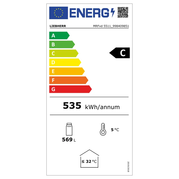 Kühlschranksymbol, Energielabel, 535 kWh, 569 L, -5°C, Kühlschrank, Kühlgerät, Energielabel, 535 kWh/Jahr, Frischhalteliter 569 L