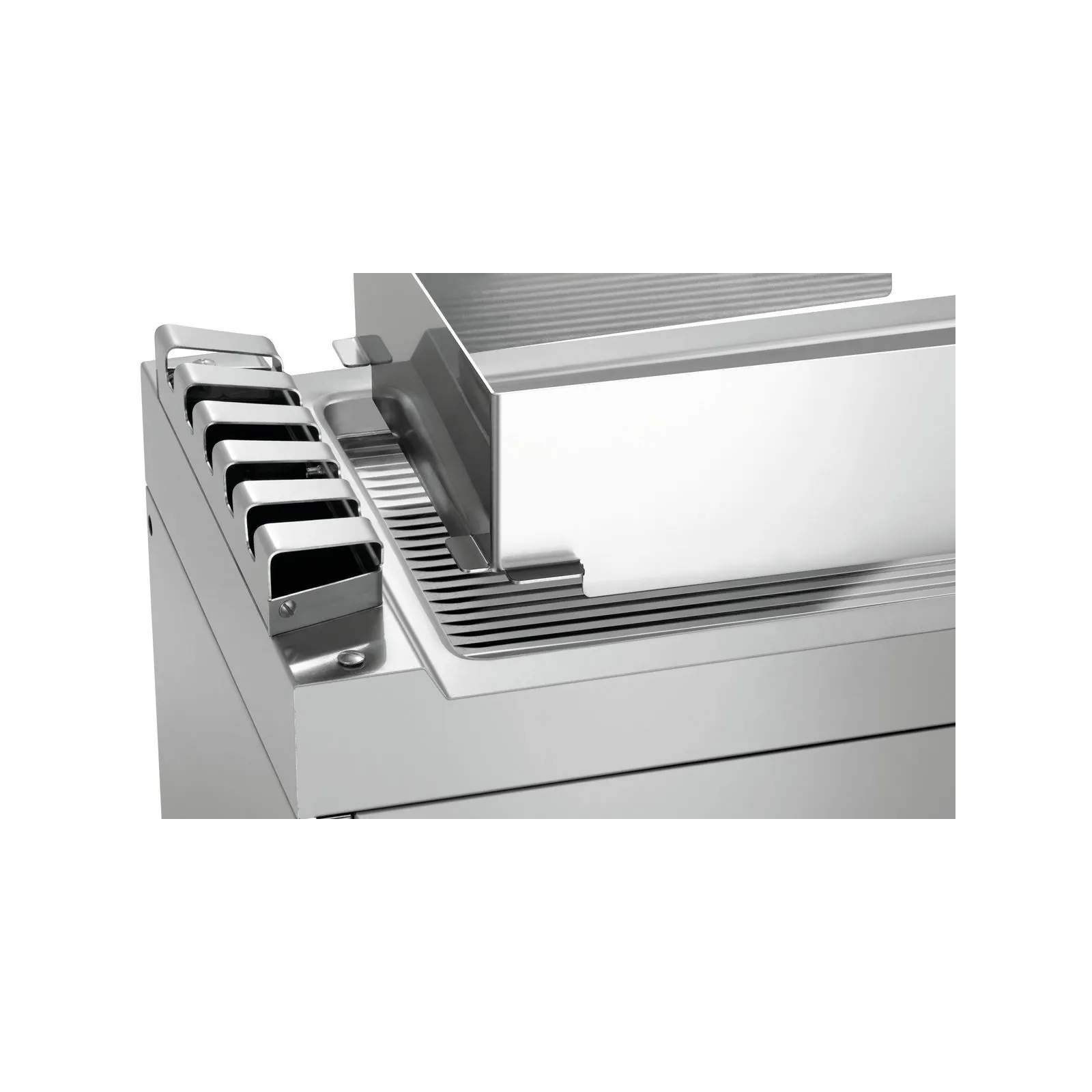 Bartscher 285071 Spritzschutz 740 Nahansicht Griddleplatte mit Spritzschutz, Grillaufsatz, Rasieraufsatz, Schnittkante, Stahl, Metall