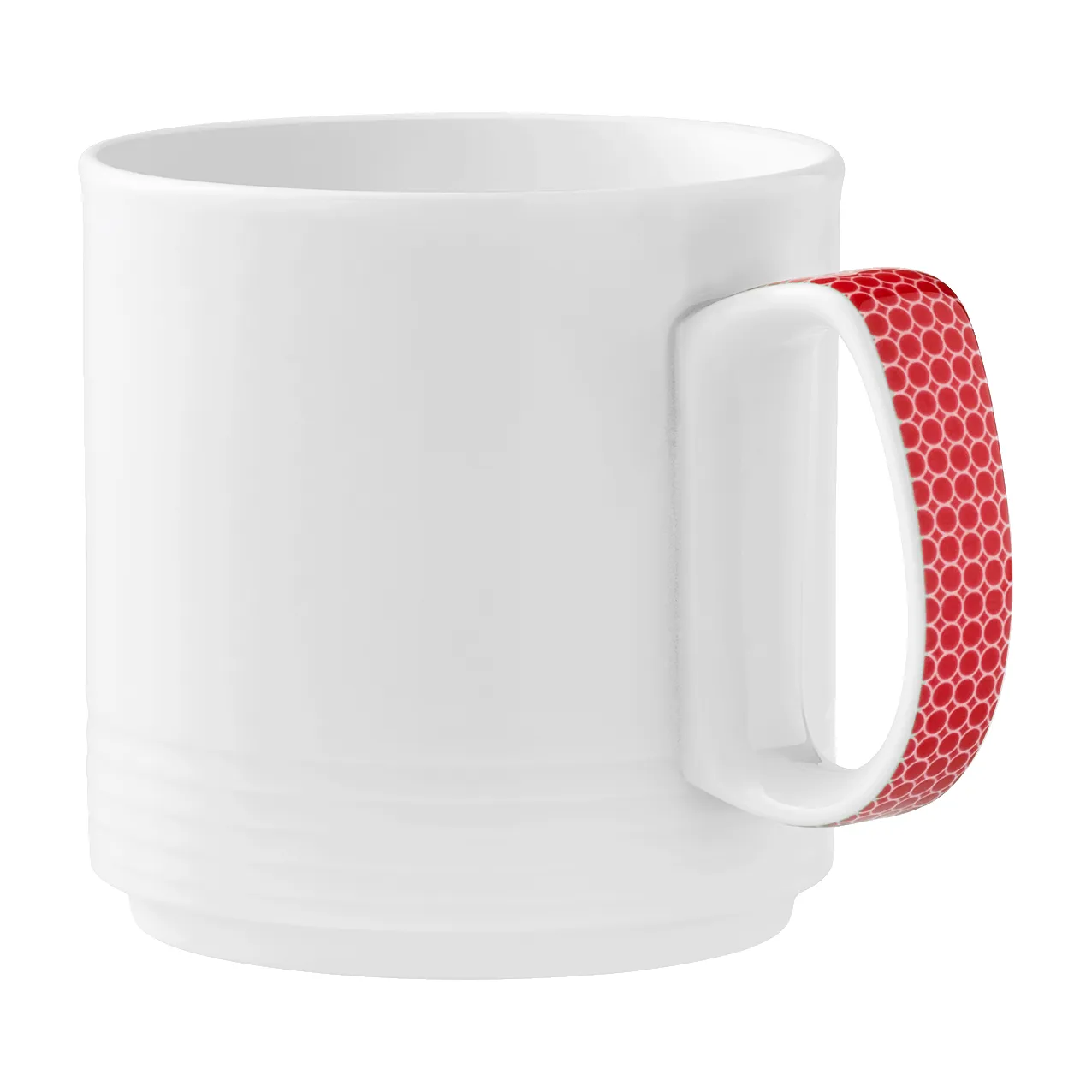 Tasse, Kaffeetasse, weiße Tasse, roter Henkel, Muster am Henkel