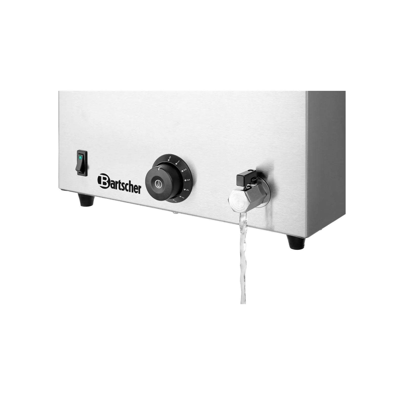 Bartscher 200207 Bain Marie 1/1GN 200mm mit Hahn Nahansicht Bedienelemente,  gas-grill, Bedienknopf, Metallgehäuse, Wasserhahn, Markenlogo